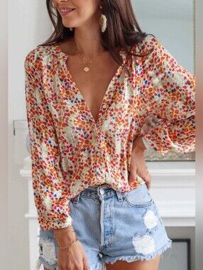 Lightweight Floral V-Neck Blouse in White with Multi-Color Print. Large